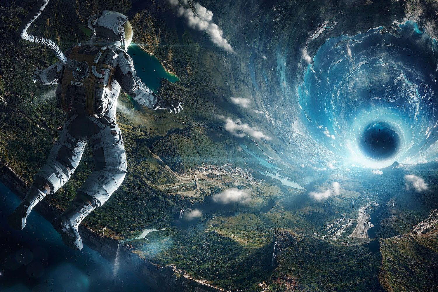 An astronaut drifting above a green landscape that curves inward and funnels into a vast vortex.