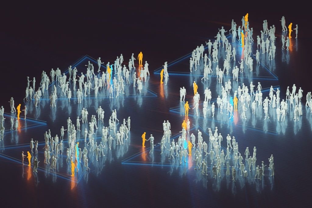 Crowds of small 3D figures standing on glowing triangular network lines, a few of them lit orange and blue.
