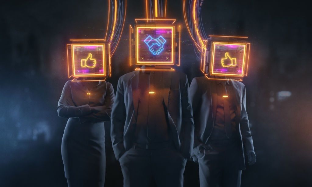 Three figures in suits whose heads are glowing screens showing thumbs-up and handshake icons.