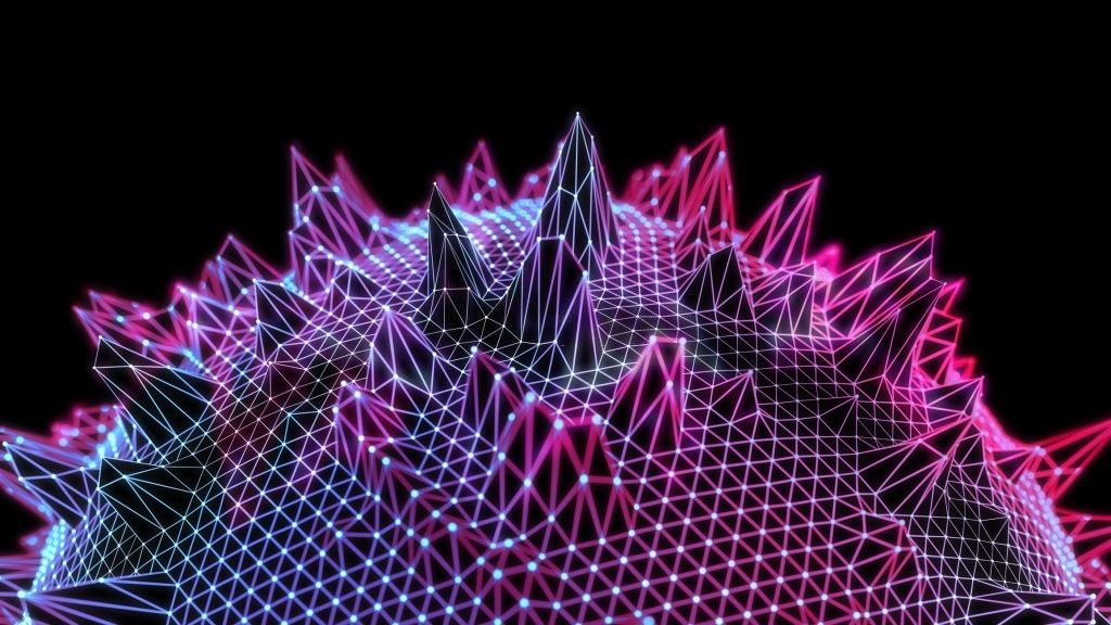 A spiked wireframe landscape in pink and blue, lit points marking every peak and junction of the grid.
