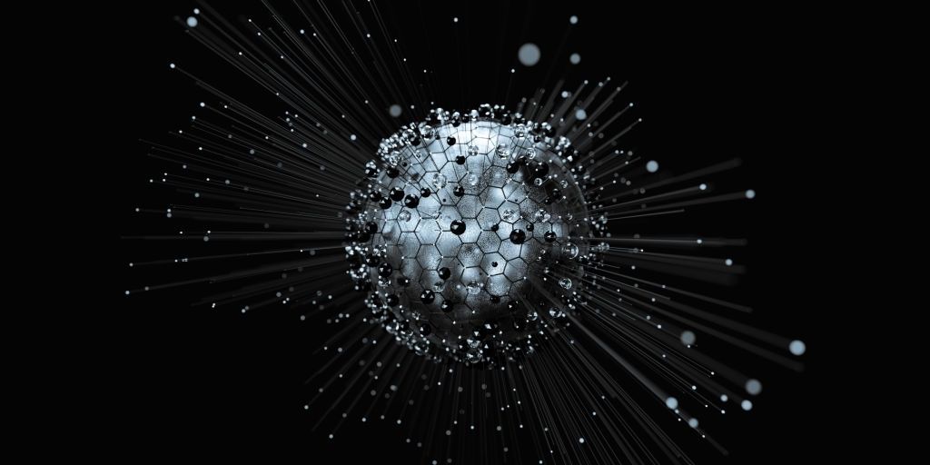 A silver honeycomb sphere studded with dark beads, long thin spikes radiating from it against black.