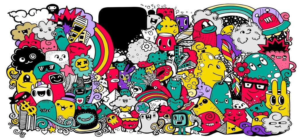 A dense doodle crowd of grinning cartoon characters, clouds and rainbows packed around an empty black panel.