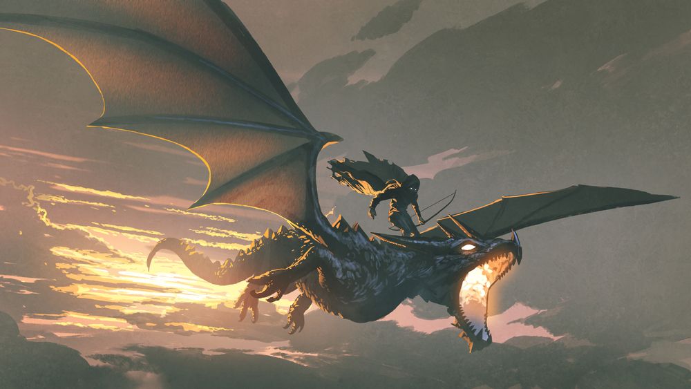 Cloaked rider steering a fire-breathing dragon through a golden sunset sky.