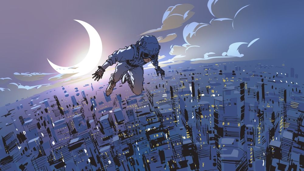 Illustrated figure in goggles flying above a dense, glowing night city under a crescent moon.