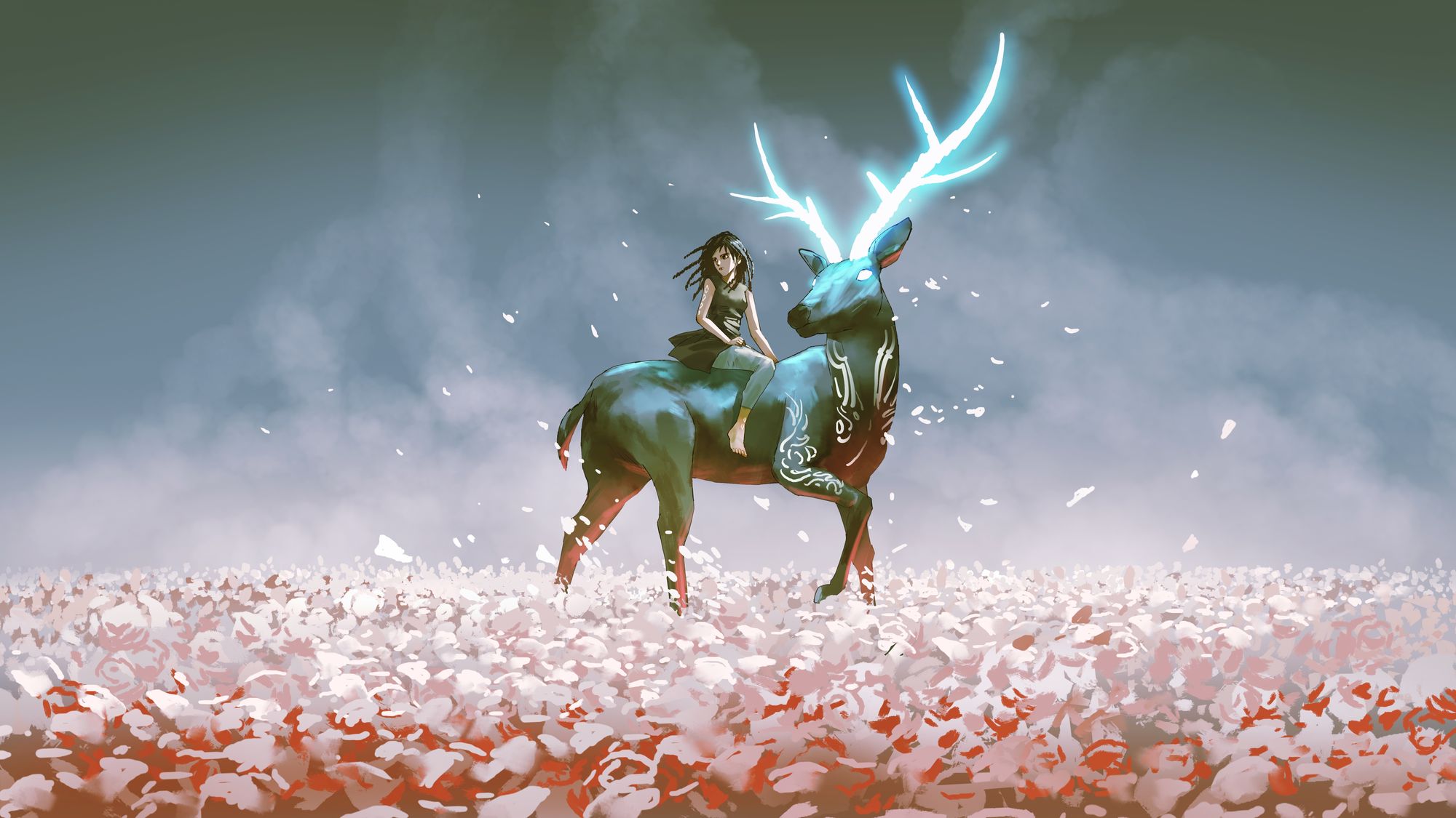 Painted scene of a young rider on a deer with glowing antlers crossing a field of white blossoms.