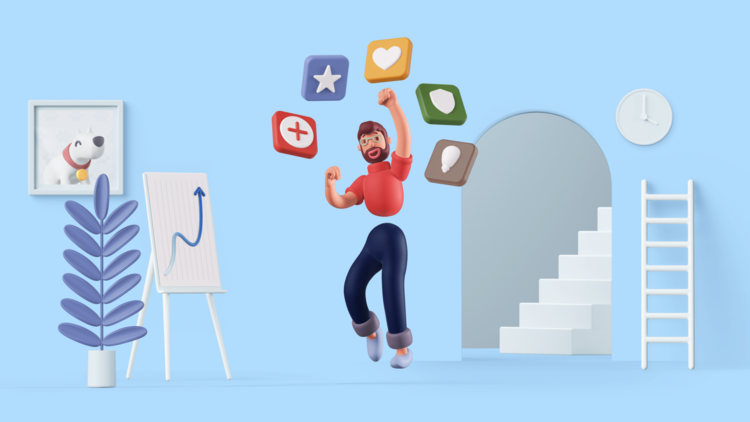 A cartoon man leaps with his fist raised as star, heart, shield and message icons float around him.