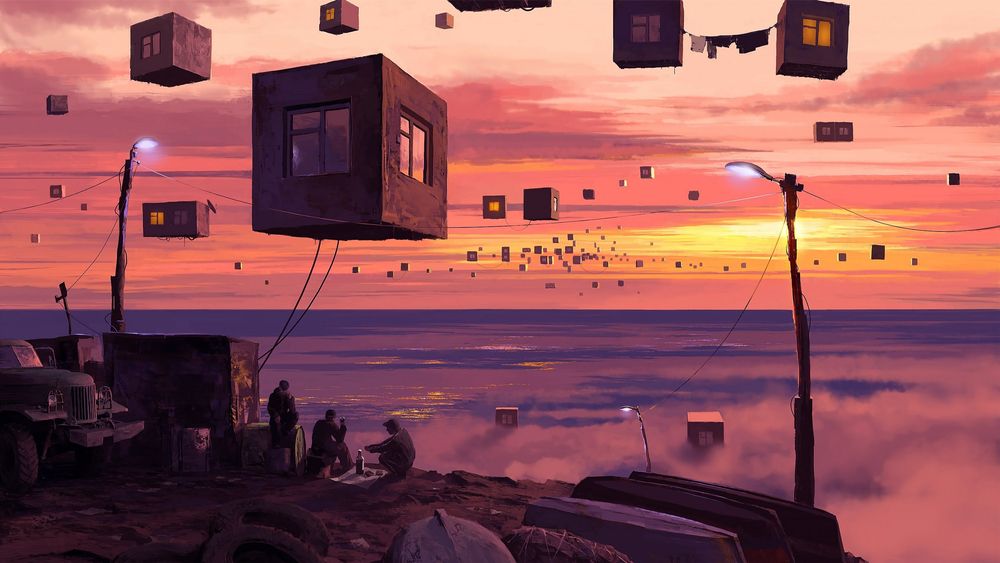 House-sized cubes floating in the sky above a coastal camp at sunset, some tethered by cables.