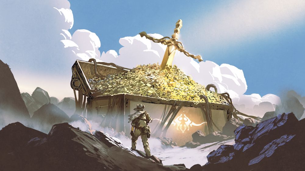 Lone prospector facing an enormous treasure chest overflowing with gold coins in a rocky valley.