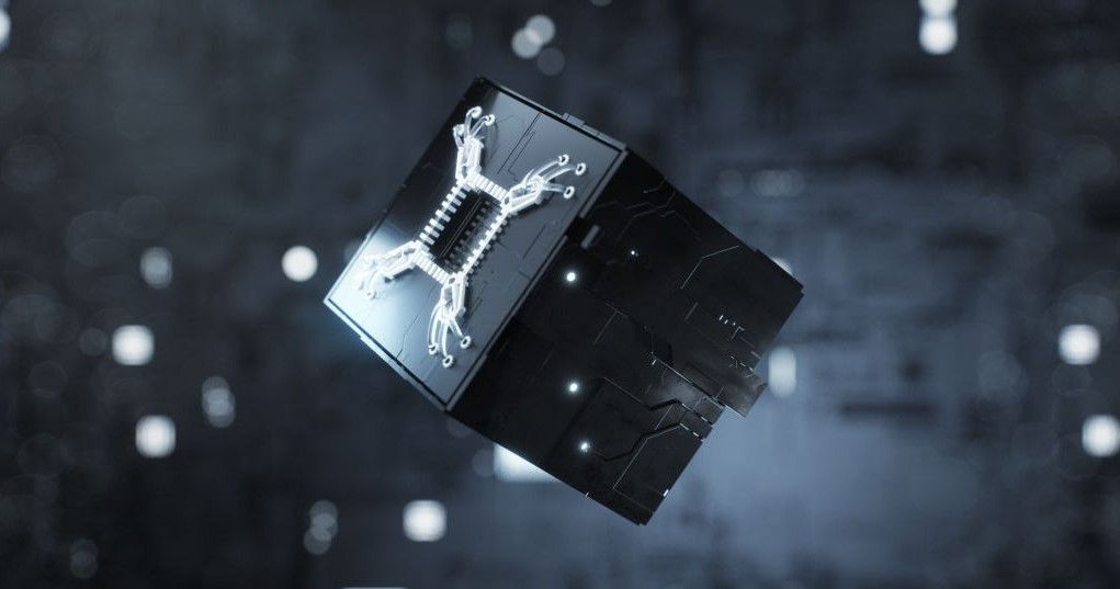 A black cube adrift in blurred light, a glowing circuit trace and chip etched into its upturned face.