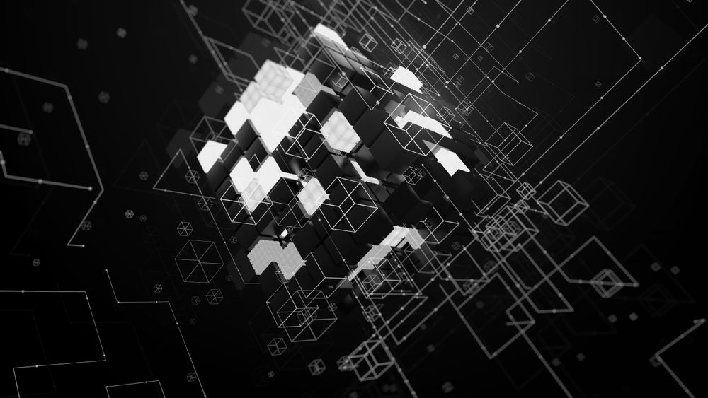 Cluster of solid and wireframe cubes connected by thin lines spreading across a black field.