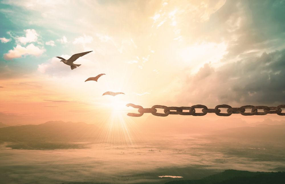 Broken chain against a sunrise, its loose links turning into birds flying away.