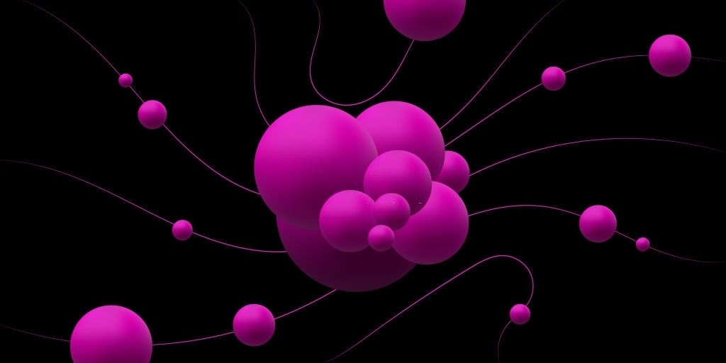 Magenta spheres bunched at the centre, smaller ones strung along thin curved lines running off in every direction.