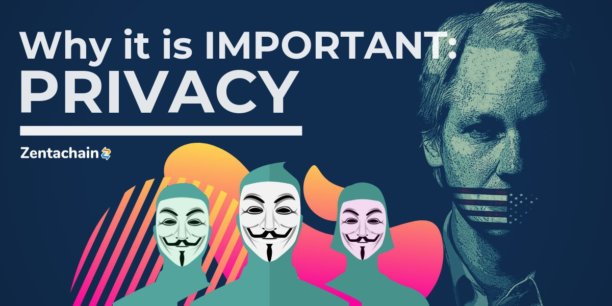 Three figures in Guy Fawkes masks and a portrait of a man whose mouth is covered by US flag stripes, under the words Why it is important: Privacy.