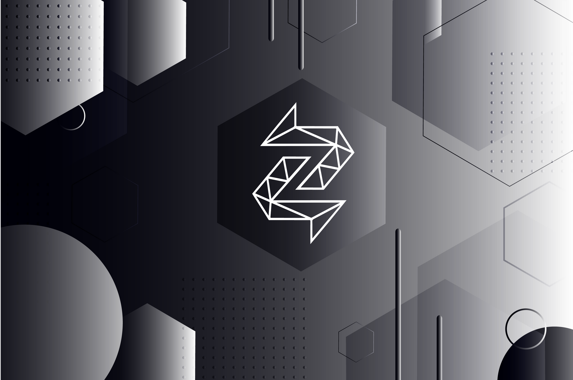 Zentachain's angular Z mark inside a hexagon on a monochrome background of overlapping geometric shapes.