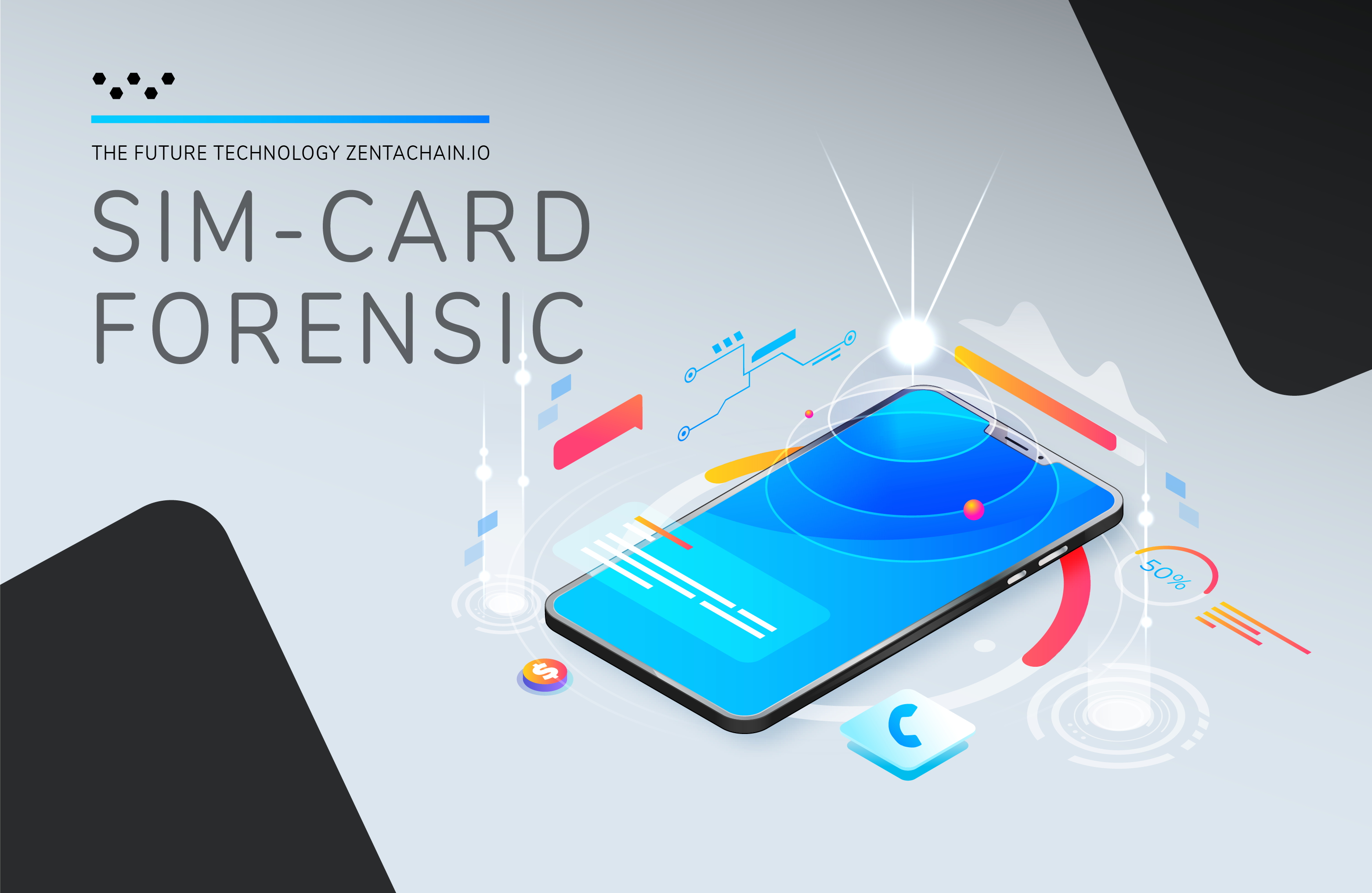 Isometric smartphone emitting signal rings, captioned SIM-Card Forensic and The Future Technology zentachain.io.