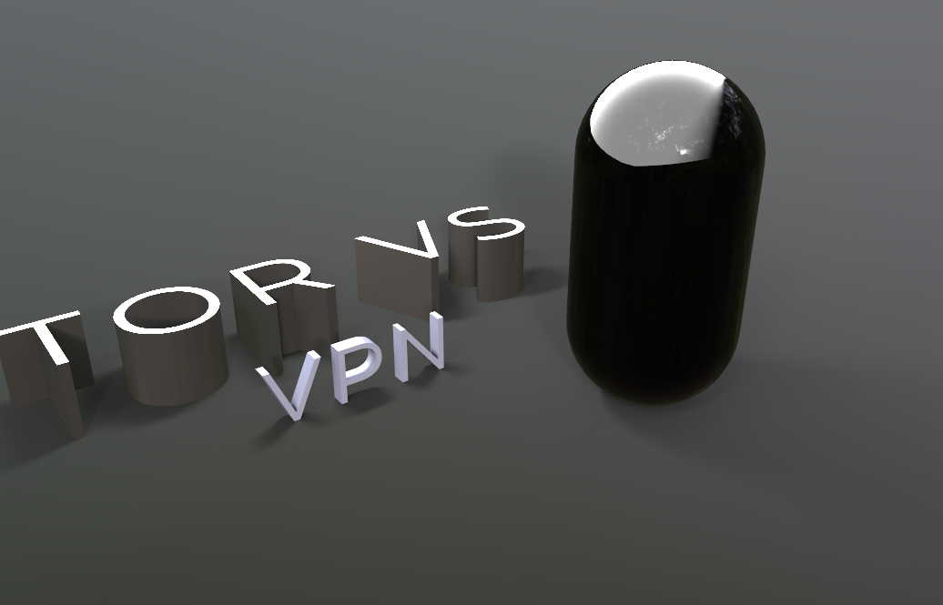 3D lettering reading Tor VS VPN laid out beside a tall black capsule shape in grey light.