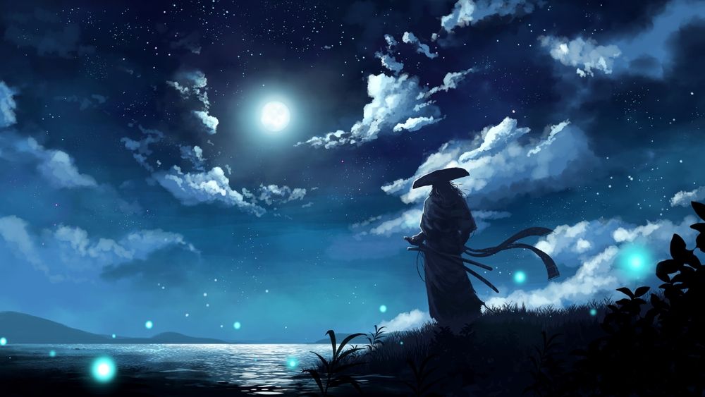 Samurai in a straw hat standing on a moonlit shore among drifting blue fireflies.