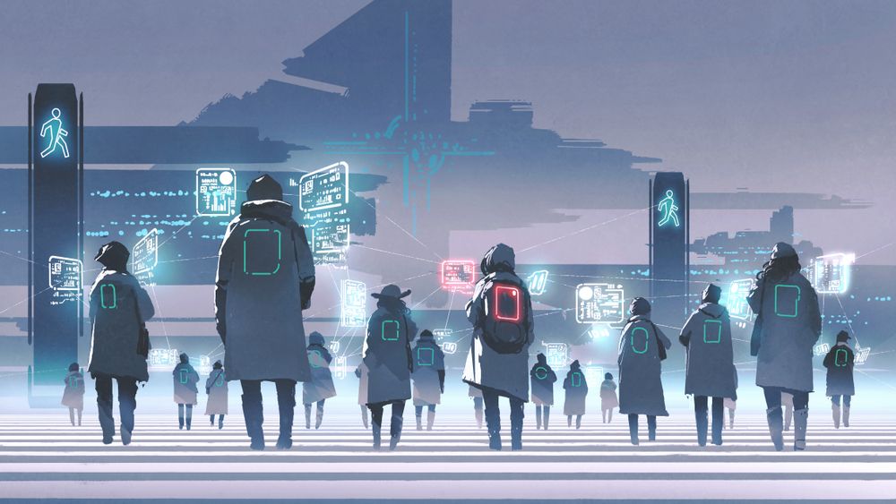 Pedestrians crossing a street in a neon-lit future city, each trailed by floating data panels linked by glowing lines.
