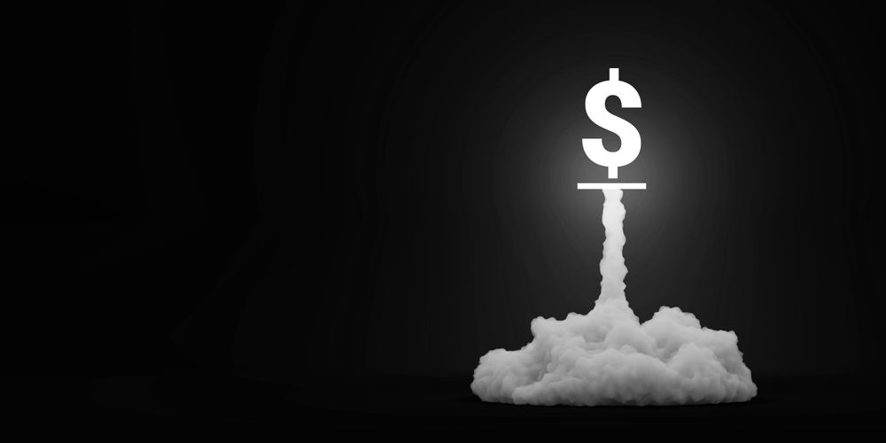 Glowing dollar sign lifting off like a rocket on a plume of white smoke against black.