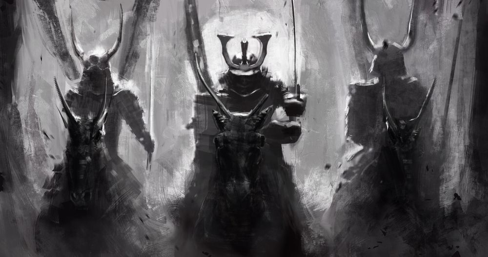 Grayscale painting of three armoured samurai in horned helmets standing with drawn swords in swirling mist.