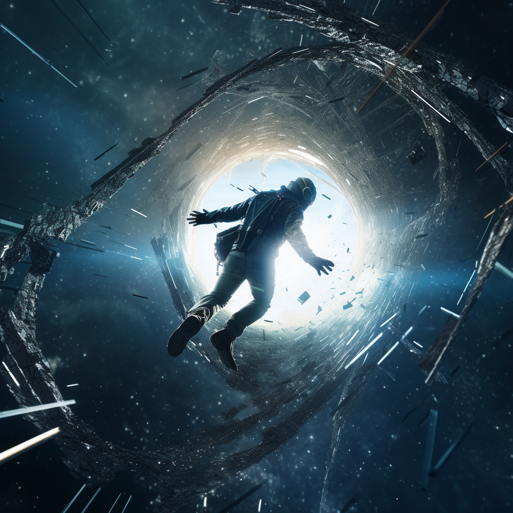 A figure in flight gear tumbling weightlessly through a tunnel of shattered debris towards a bright opening.