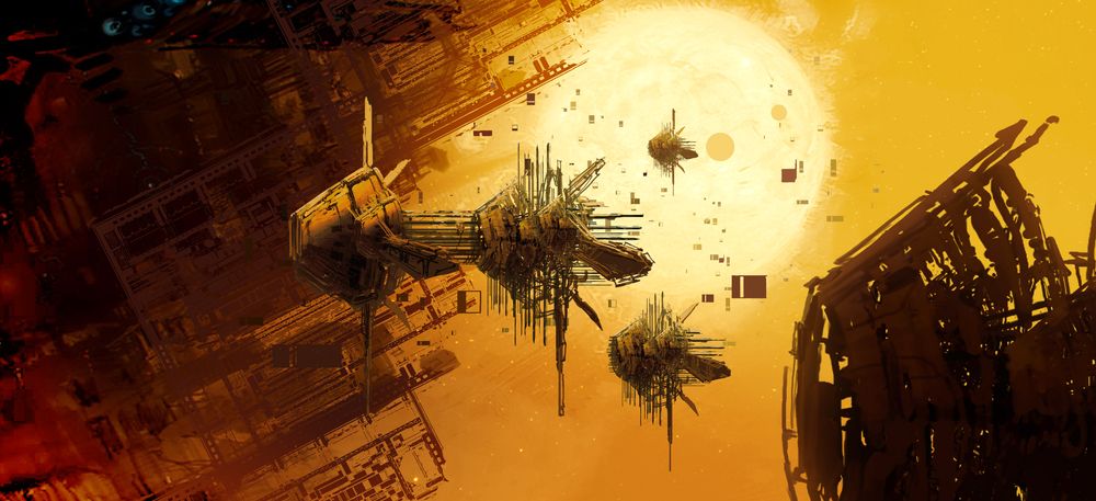 Sprawling orbital stations and antenna structures silhouetted against a huge golden sun.