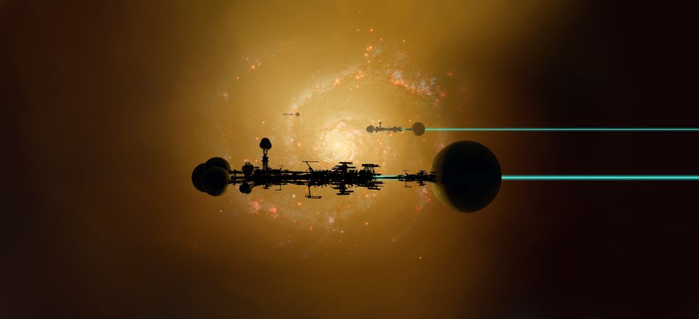 Long space station and a dark planet trailing beams of light in front of a spiral galaxy.