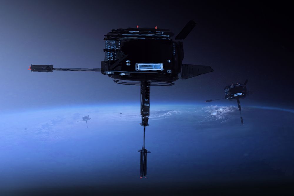 Communication satellites drifting in low orbit above the blue curve of Earth.