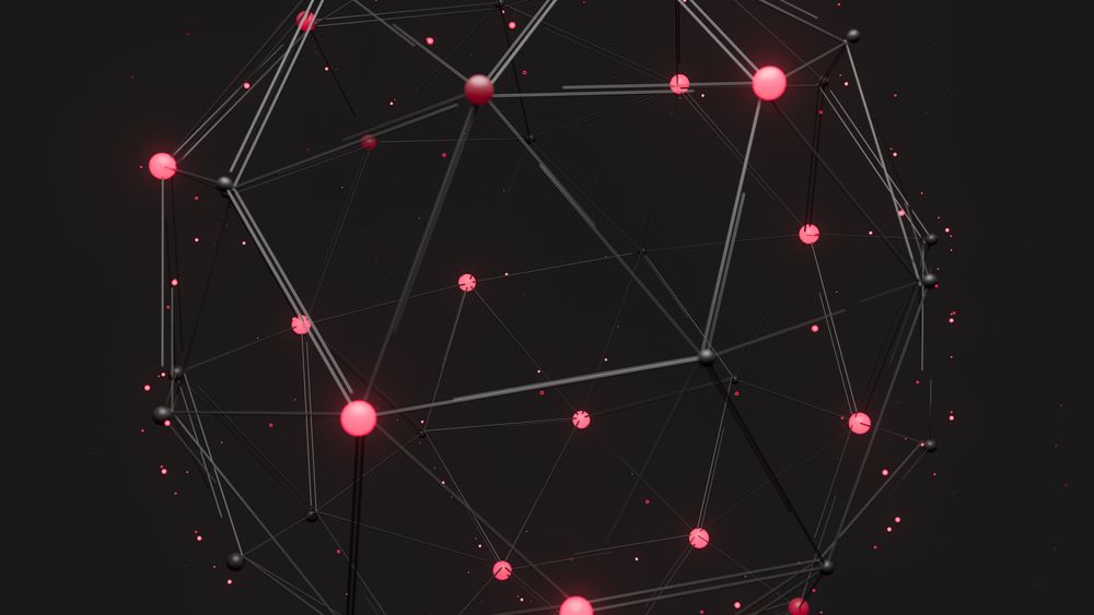 Spherical lattice of glowing red nodes joined by thin grey lines on a black background.