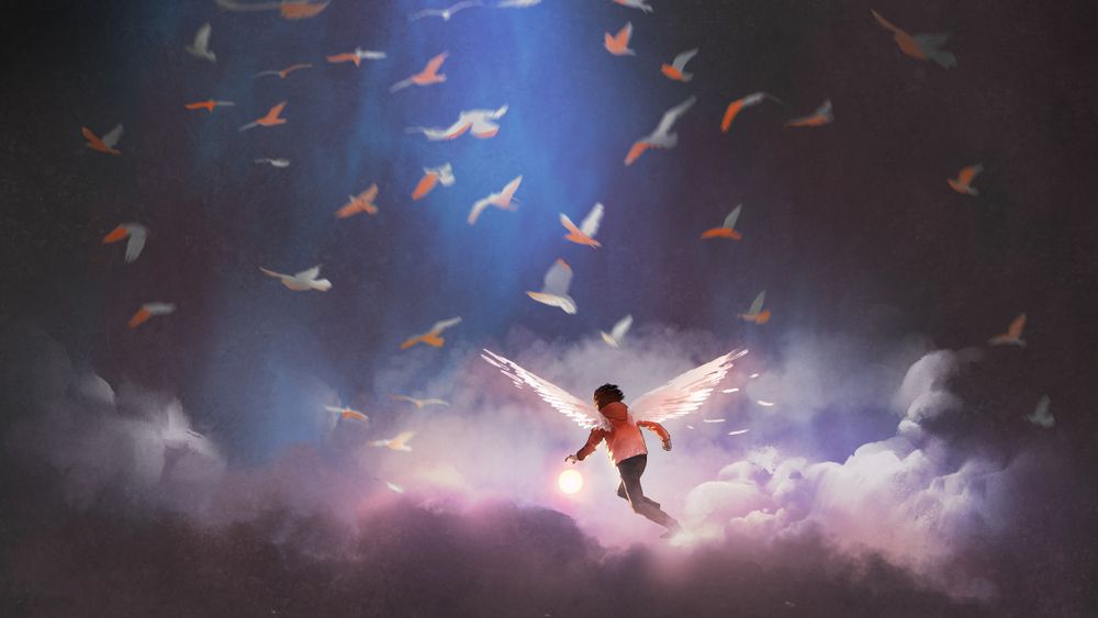 Winged figure holding a small glowing light while standing on clouds as birds circle above.