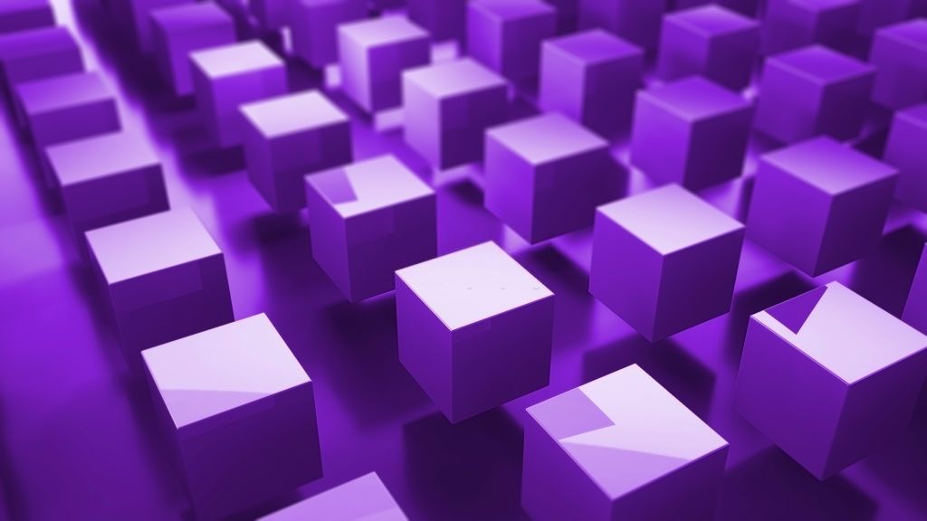 Rows of identical purple blocks laid out in a grid and receding evenly into the distance.