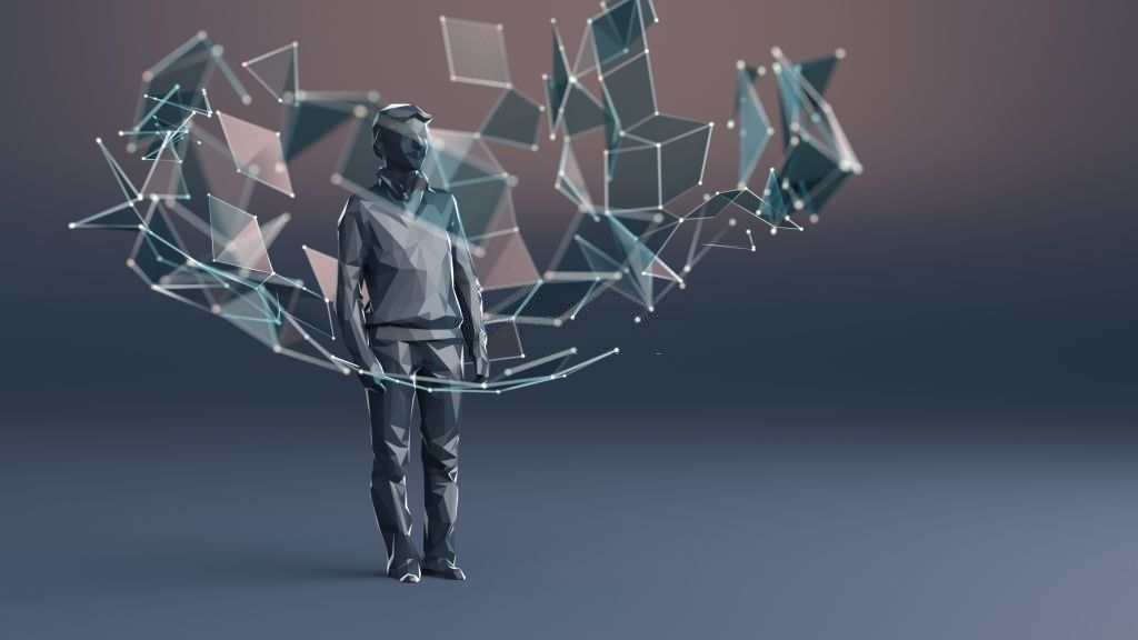 A low-polygon figure of a person stands still while linked nodes and drifting shards swirl around them.