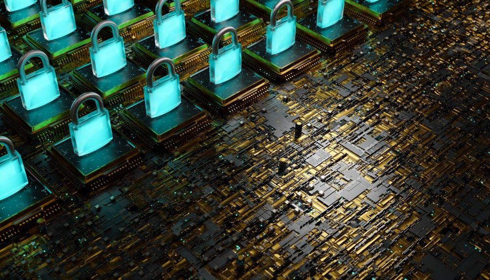 Rows of glowing padlocks standing on processor chips above a golden circuit-board landscape.