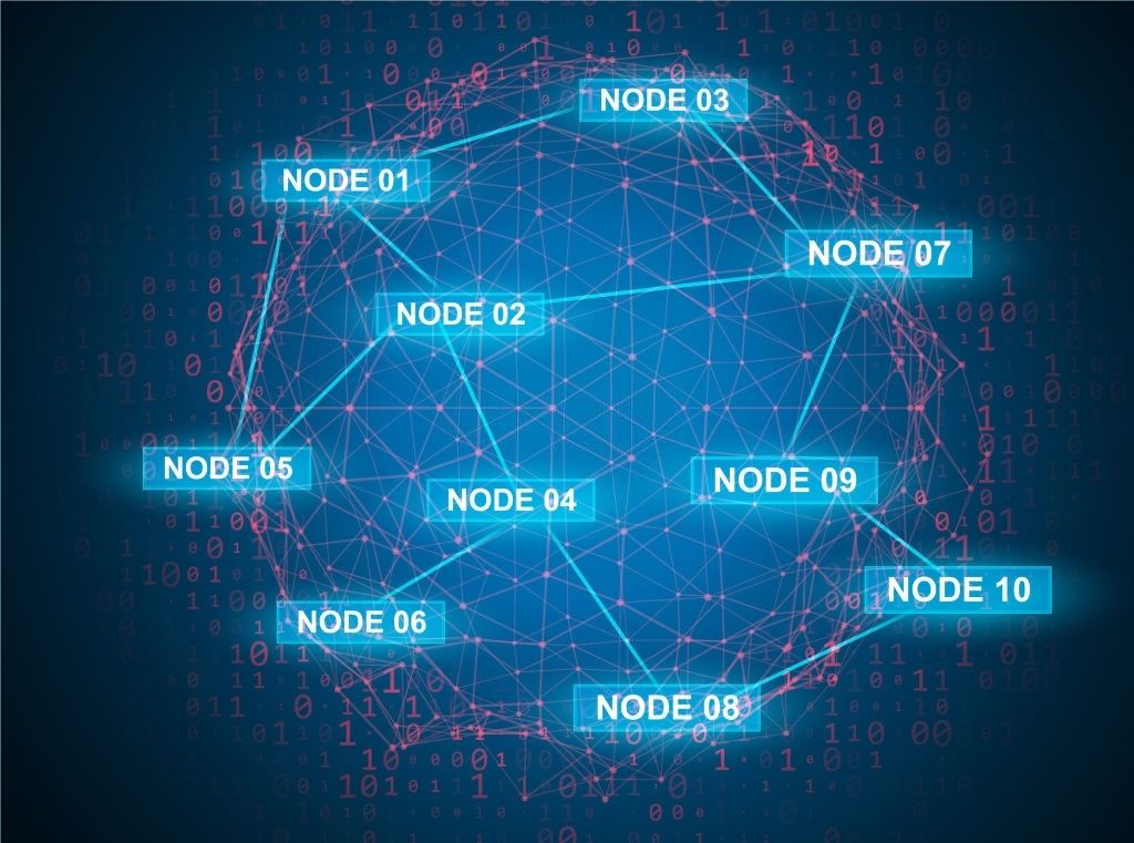 Network graph over binary digits, with ten labelled points from NODE 01 to NODE 10 wired into one web.