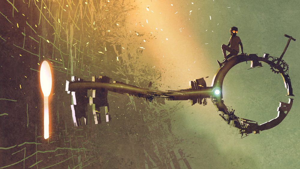 A goggled figure sits on a giant weathered key whose tip points at a glowing keyhole in a mossy wall.