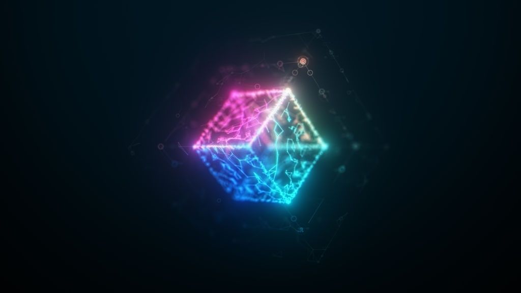 A cube outlined in glowing pink, blue and green neon, floating and crackling with energy in dark space.