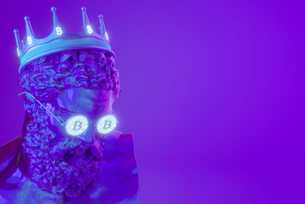 Classical marble bust in purple light wearing a Bitcoin crown and Bitcoin-lens sunglasses.