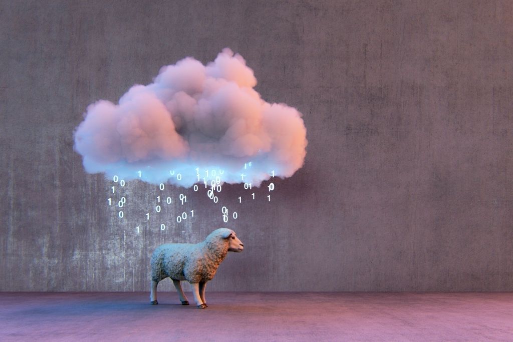 A lone sheep stands in a bare concrete room under a cloud that rains streams of ones and zeros.