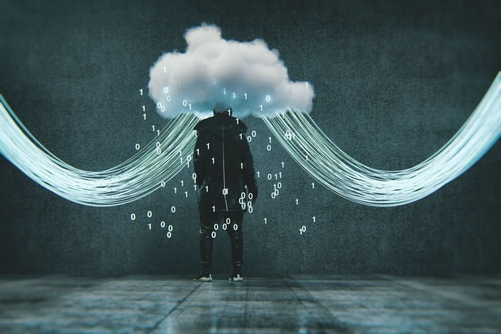 A person in black whose head is hidden by a cloud, with binary digits falling and light streams curving away on both sides.