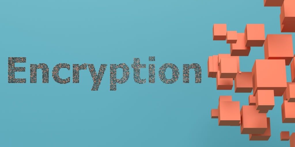The word Encryption assembled from scattered pixels on a blue field, orange cubes breaking away to the right.