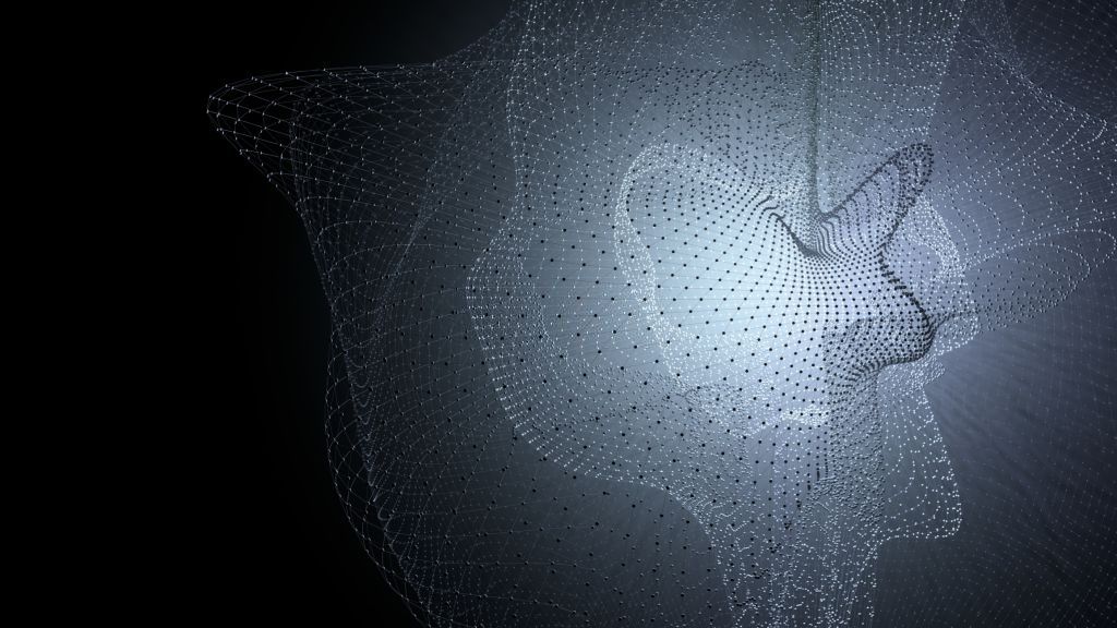 A billowing net of tiny white dots and grid lines curling through darkness like a sheet caught in the wind.