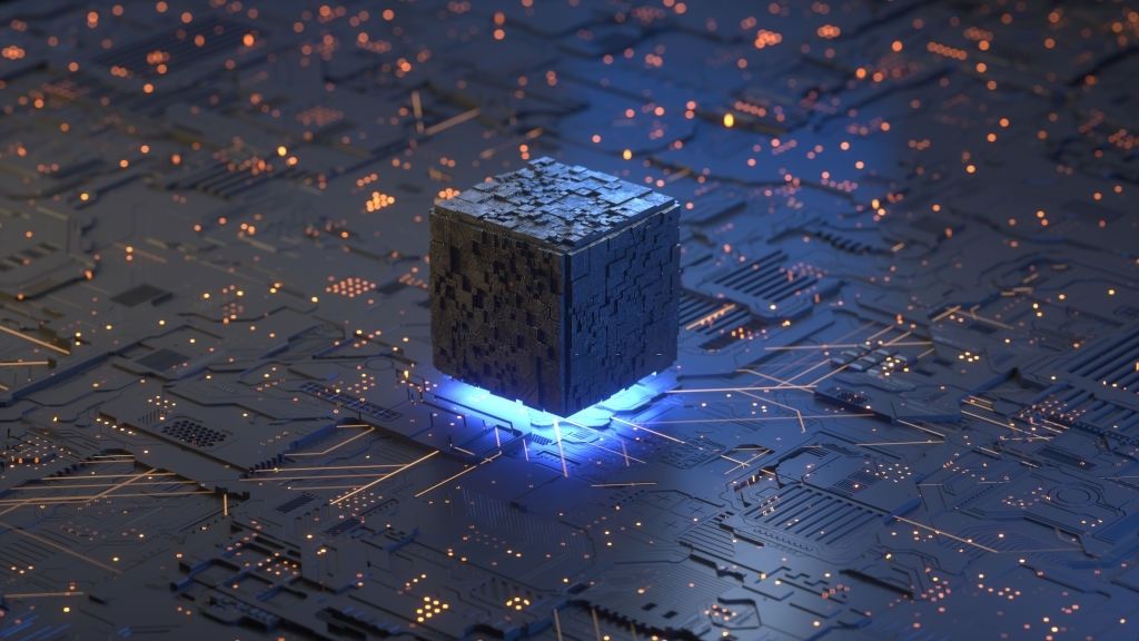 A blocky dark cube hovering above a vast circuit board, blue light spilling out from underneath it.