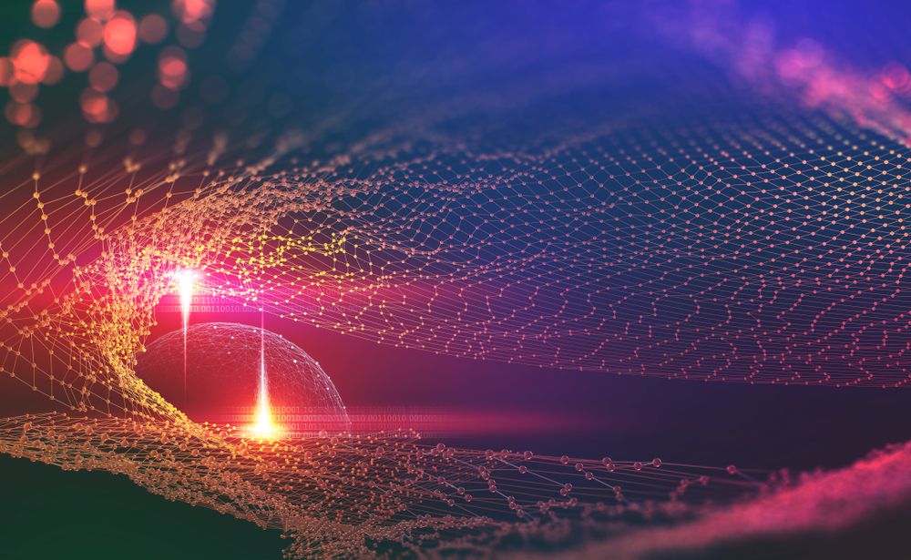 Undulating mesh of connected dots with binary digits glowing over a dome of light.