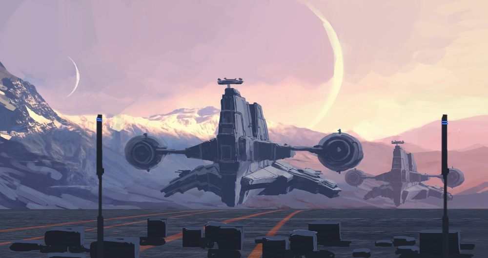 Science-fiction concept art of cargo ships hovering over a landing strip beneath two moons.