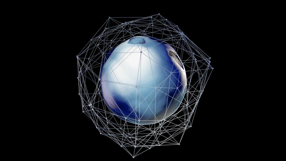 A polished metallic sphere enclosed in a white wireframe cage of linked points, a node held inside the mesh.