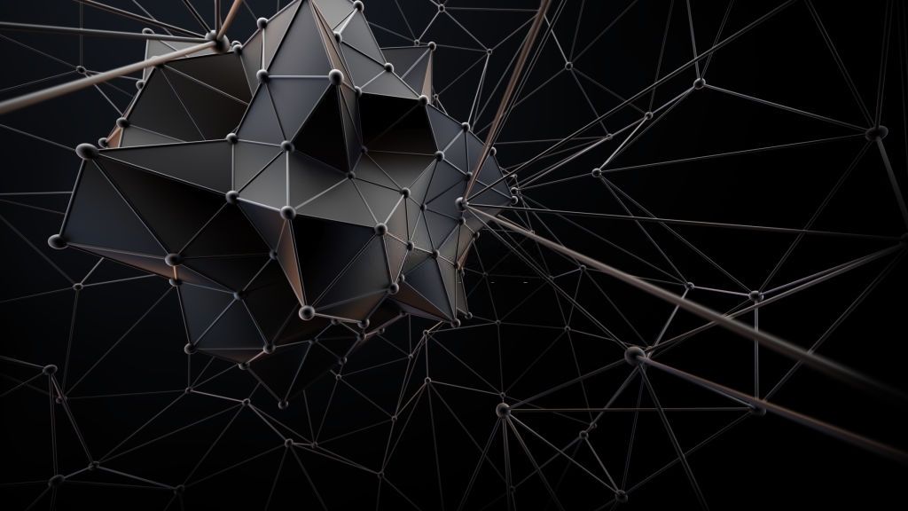 A dark faceted cluster built from ball joints and struts, thin links fanning out to further points in the dark.