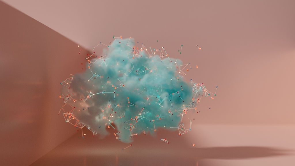 A teal cloud threaded with clusters of linked points, hovering in a bare pink room.