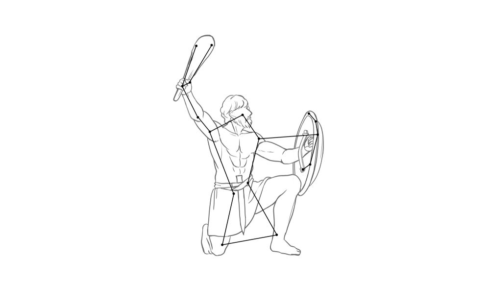 Outline drawing of a kneeling warrior with club and shield, overlaid with the star lines of Orion.